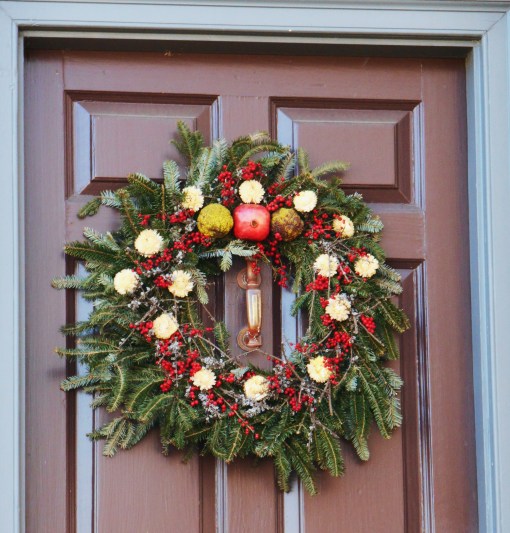 A della Robbia wreath displayed in Colonial Williamsburg in December of 2013.